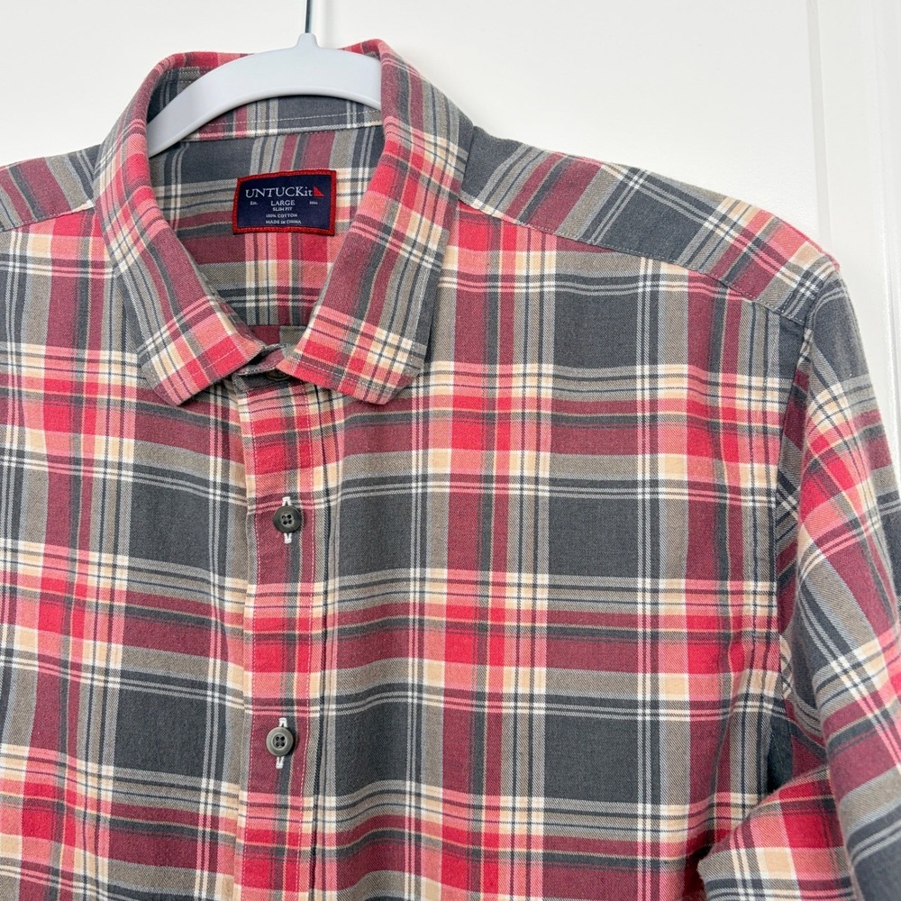 UNTUCKit Plaid Button Down Shirt Large Red Grey Excellent‎
